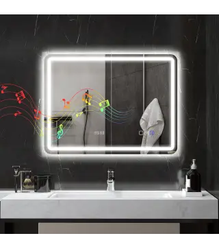 Espejo de Baño con Luz LED 80x60 cm con Bluetooth 3 Colores de Luz Reloj Digital Función Antivaho Función de Memoria