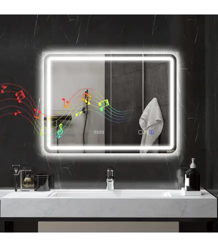 Espejo de Baño con Luz LED 80x60 cm con Bluetooth 3 Colores de Luz Reloj Digital Función Antivaho Función de Memoria