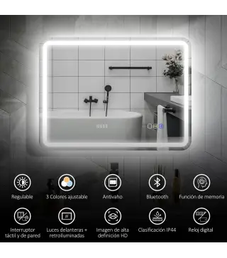 Espejo de Baño con Luz LED 80x60 cm con Bluetooth 3 Colores de Luz Reloj Digital Función Antivaho Función de Memoria
