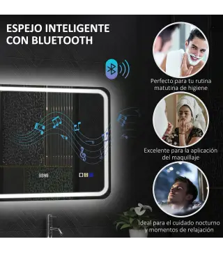 Espejo de Baño con Luz LED 80x60 cm con Bluetooth 3 Colores de Luz Reloj Digital Función Antivaho Función de Memoria
