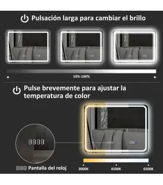Espejo de Baño con Luz LED 80x60 cm con Bluetooth 3 Colores de Luz Reloj Digital Función Antivaho Función de Memoria