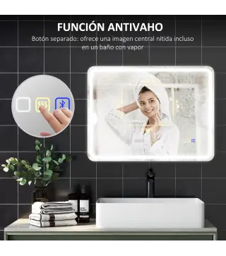Espejo de Baño con Luz LED 80x60 cm con Bluetooth 3 Colores de Luz Reloj Digital Función Antivaho Función de Memoria