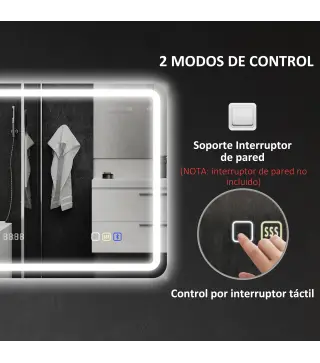Espejo de Baño con Luz LED 80x60 cm con Bluetooth 3 Colores de Luz Reloj Digital Función Antivaho Función de Memoria