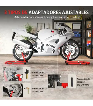Soporte de Rueda Delantera y Trasera Motocicleta Convertible Carga 390 kg con Adaptadores de Horquillas en U y L Ruedas