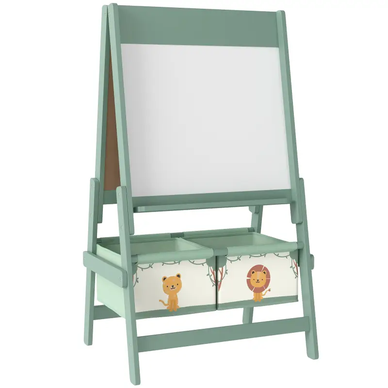 Pizarra Infantil Caballete 3 en 1 Caballete de Pintura para Niños de Doble Cara con Rollo de Papel y Cestas Verde