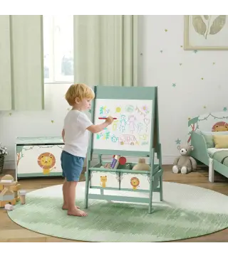 Pizarra Infantil Caballete 3 en 1 Caballete de Pintura para Niños de Doble Cara con Rollo de Papel y Cestas Verde