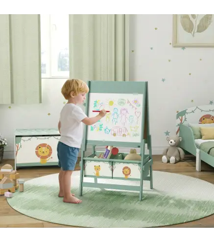Pizarra Infantil Caballete 3 en 1 Caballete de Pintura para Niños de Doble Cara con Rollo de Papel y Cestas Verde