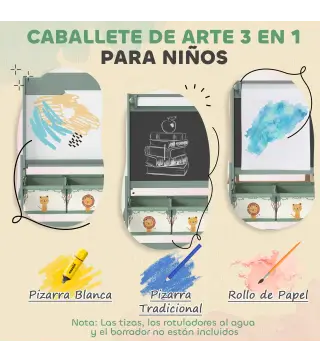 Pizarra Infantil Caballete 3 en 1 Caballete de Pintura para Niños de Doble Cara con Rollo de Papel y Cestas Verde