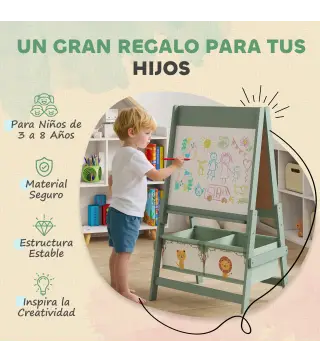 Pizarra Infantil Caballete 3 en 1 Caballete de Pintura para Niños de Doble Cara con Rollo de Papel y Cestas Verde