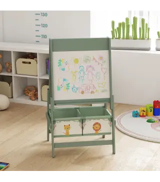 Pizarra Infantil Caballete 3 en 1 Caballete de Pintura para Niños de Doble Cara con Rollo de Papel y Cestas Verde