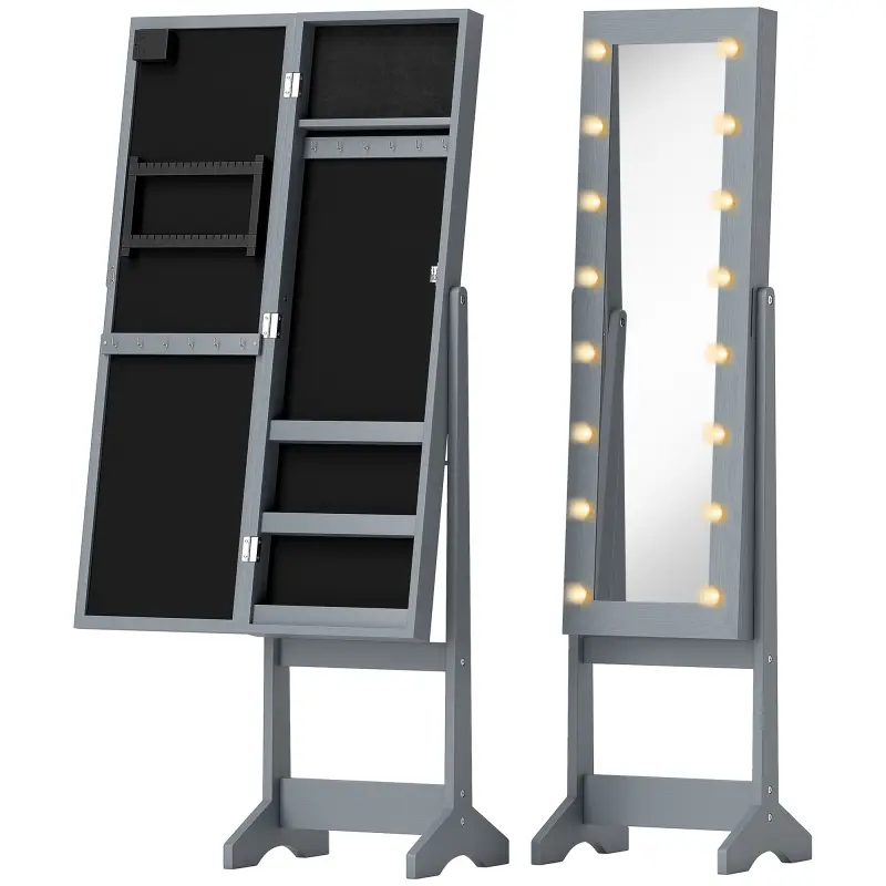 Espejo Joyero con Luces LED Armario para Joyas Armario Joyero de Pie con Espejo Entero Ángulo Ajustable Gris