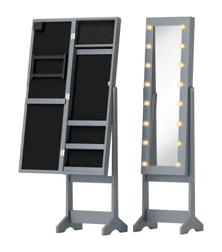 Espejo Joyero con Luces LED Armario para Joyas Armario Joyero de Pie con Espejo Entero Ángulo Ajustable Gris