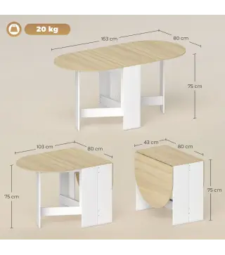 Mesa de Cocina Plegable con Alas Abatibles Mesa de Cocina Plegable de Forma Ovalada Estilo Moderno 163x80x75 cm Natural