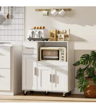 Mueble Auxiliar de Cocina con Ruedas Aparador de Cocina para Microondas con Bandeja Deslizante 80x40x88,7 cm Blanco