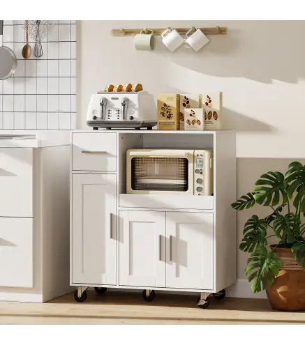 Mueble Auxiliar de Cocina con Ruedas Aparador de Cocina para Microondas con Bandeja Deslizante 80x40x88,7 cm Blanco