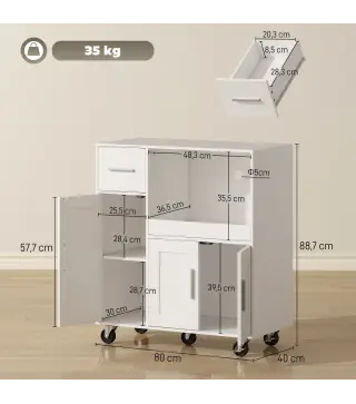 Mueble Auxiliar de Cocina con Ruedas Aparador de Cocina para Microondas con Bandeja Deslizante 80x40x88,7 cm Blanco