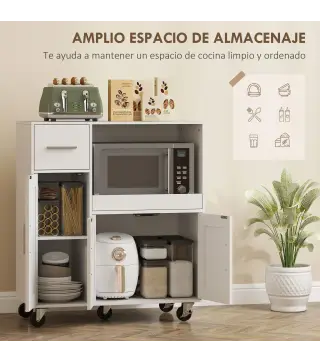 Mueble Auxiliar de Cocina con Ruedas Aparador de Cocina para Microondas con Bandeja Deslizante 80x40x88,7 cm Blanco