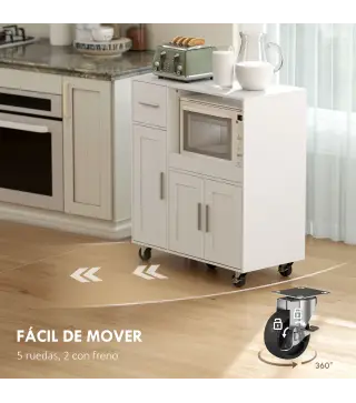 Mueble Auxiliar de Cocina con Ruedas Aparador de Cocina para Microondas con Bandeja Deslizante 80x40x88,7 cm Blanco