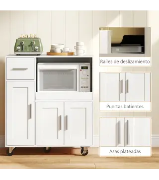 Mueble Auxiliar de Cocina con Ruedas Aparador de Cocina para Microondas con Bandeja Deslizante 80x40x88,7 cm Blanco