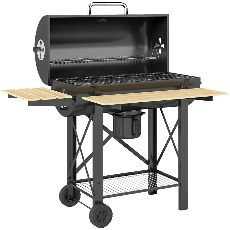 Barbacoa de Carbón Portátil Móvil con Estantes Plegables Termómetro Tapa Ventilaciones Ajustables 109x71x98 cm Negro