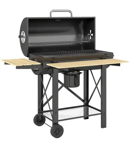 Barbacoa de Carbón Portátil Móvil con Estantes Plegables Termómetro Tapa Ventilaciones Ajustables 109x71x98 cm Negro