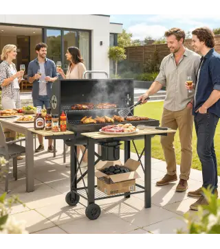 Barbacoa de Carbón Portátil Móvil con Estantes Plegables Termómetro Tapa Ventilaciones Ajustables 109x71x98 cm Negro