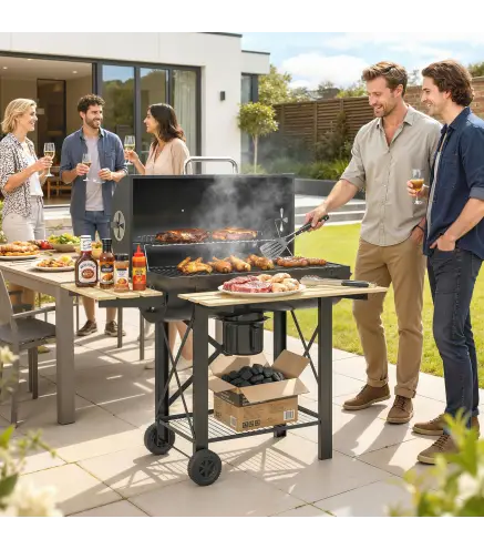 Barbacoa de Carbón Portátil Móvil con Estantes Plegables Termómetro Tapa Ventilaciones Ajustables 109x71x98 cm Negro