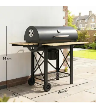 Barbacoa de Carbón Portátil Móvil con Estantes Plegables Termómetro Tapa Ventilaciones Ajustables 109x71x98 cm Negro