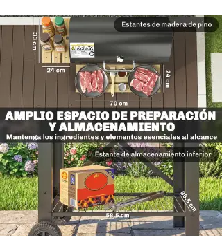 Barbacoa de Carbón Portátil Móvil con Estantes Plegables Termómetro Tapa Ventilaciones Ajustables 109x71x98 cm Negro