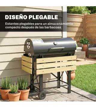 Barbacoa de Carbón Portátil Móvil con Estantes Plegables Termómetro Tapa Ventilaciones Ajustables 109x71x98 cm Negro