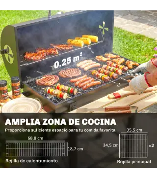 Barbacoa de Carbón Portátil Móvil con Estantes Plegables Termómetro Tapa Ventilaciones Ajustables 109x71x98 cm Negro