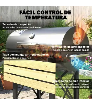 Barbacoa de Carbón Portátil Móvil con Estantes Plegables Termómetro Tapa Ventilaciones Ajustables 109x71x98 cm Negro