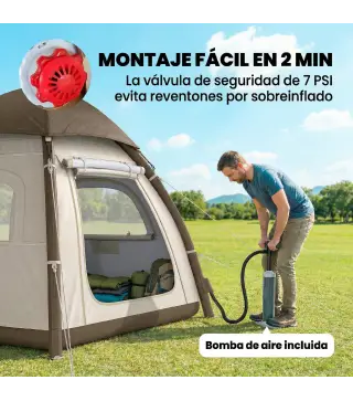 Tienda de Campaña Inflable con Mosquitera Vestíbulo Bomba para 3–4 Personas UPF30+ Bolsa Montaje Rápido Impermeable
