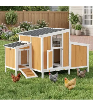 Gallinero para Exterior de Madera 145x90x92 cm para 2-4 Gallinas con Nido Casa Lateral Bandeja Extraíble Amarillo