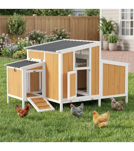 Gallinero para Exterior de Madera 145x90x92 cm para 2-4 Gallinas con Nido Casa Lateral Bandeja Extraíble Amarillo