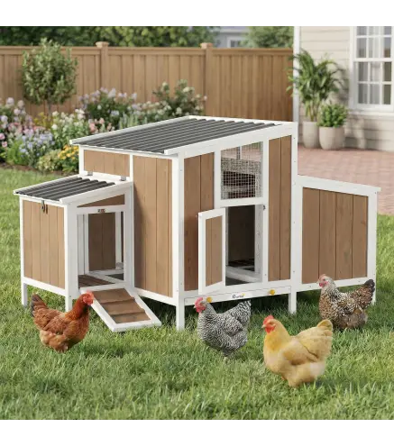 Gallinero para Exterior de Madera 145x90x92 cm para 2-4 Gallinas con Nido Casa Lateral Bandeja Extraíble Marrón Claro
