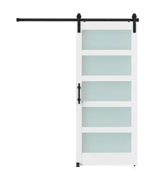 Puerta Corredera 91x213 cm con Kit de Montaje Puerta de Granero con Paneles de Vidrio y MDF Guía de PisoBlanco