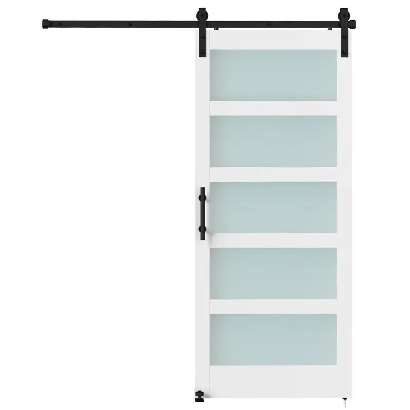 Puerta Corredera 91x213 cm con Kit de Montaje Puerta de Granero con Paneles de Vidrio y MDF Guía de PisoBlanco