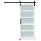 Puerta Corredera 91x213 cm con Kit de Montaje Puerta de Granero con Paneles de Vidrio y MDF Guía de PisoBlanco