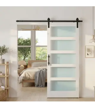 Puerta Corredera 91x213 cm con Kit de Montaje Puerta de Granero con Paneles de Vidrio y MDF Guía de PisoBlanco