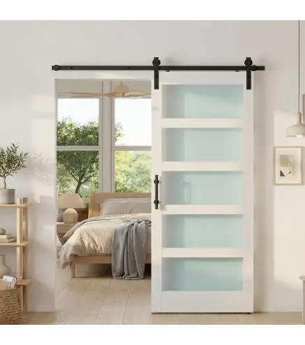 Puerta Corredera 91x213 cm con Kit de Montaje Puerta de Granero con Paneles de Vidrio y MDF Guía de PisoBlanco
