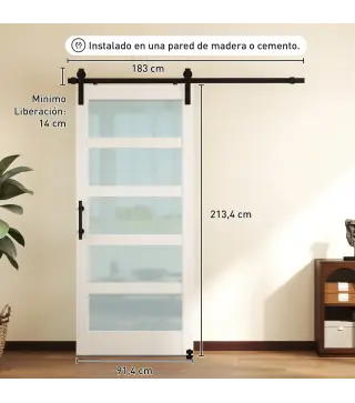Puerta Corredera 91x213 cm con Kit de Montaje Puerta de Granero con Paneles de Vidrio y MDF Guía de PisoBlanco