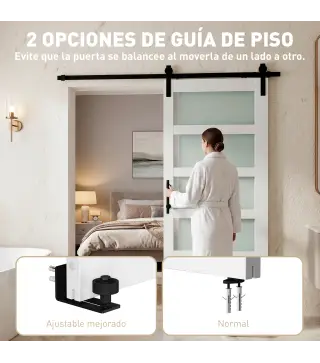 Puerta Corredera 91x213 cm con Kit de Montaje Puerta de Granero con Paneles de Vidrio y MDF Guía de PisoBlanco