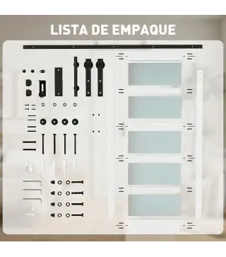 Puerta Corredera 91x213 cm con Kit de Montaje Puerta de Granero con Paneles de Vidrio y MDF Guía de PisoBlanco