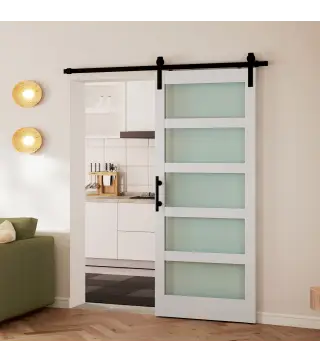 Puerta Corredera 91x213 cm con Kit de Montaje Puerta de Granero con Paneles de Vidrio y MDF Guía de PisoBlanco