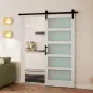 Puerta Corredera 91x213 cm con Kit de Montaje Puerta de Granero con Paneles de Vidrio y MDF Guía de PisoBlanco