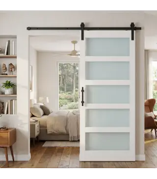 Puerta Corredera 91x213 cm con Kit de Montaje Puerta de Granero con Paneles de Vidrio y MDF Guía de PisoBlanco