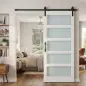 Puerta Corredera 91x213 cm con Kit de Montaje Puerta de Granero con Paneles de Vidrio y MDF Guía de PisoBlanco