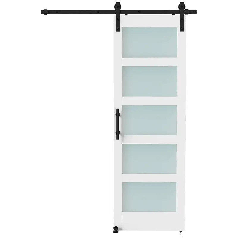 Puerta Corredera 71x213 cm con Kit de Montaje Puerta de Granero con Paneles de Vidrio y MDF Guía de PisoBlanco