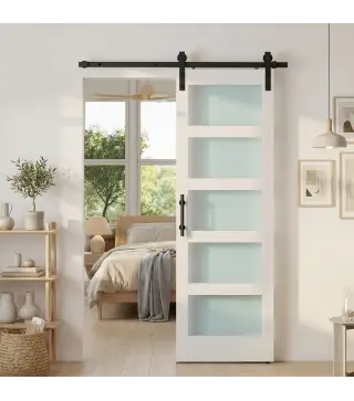 Puerta Corredera 71x213 cm con Kit de Montaje Puerta de Granero con Paneles de Vidrio y MDF Guía de PisoBlanco